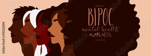 Bipoc mental health awareness month July poster. Female person of color illustration. Handwritten brush lettering vector