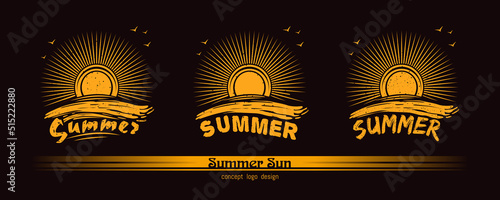 Summer sun logo concept design. The sun above the sea. Summer grunge style icons set. Vector illustration