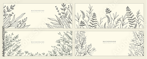 Set of botanical bakground, floral branch and leaves. Vintage foliage for wedding invitation, wall art or card template. Minimal line art drawing. Vector