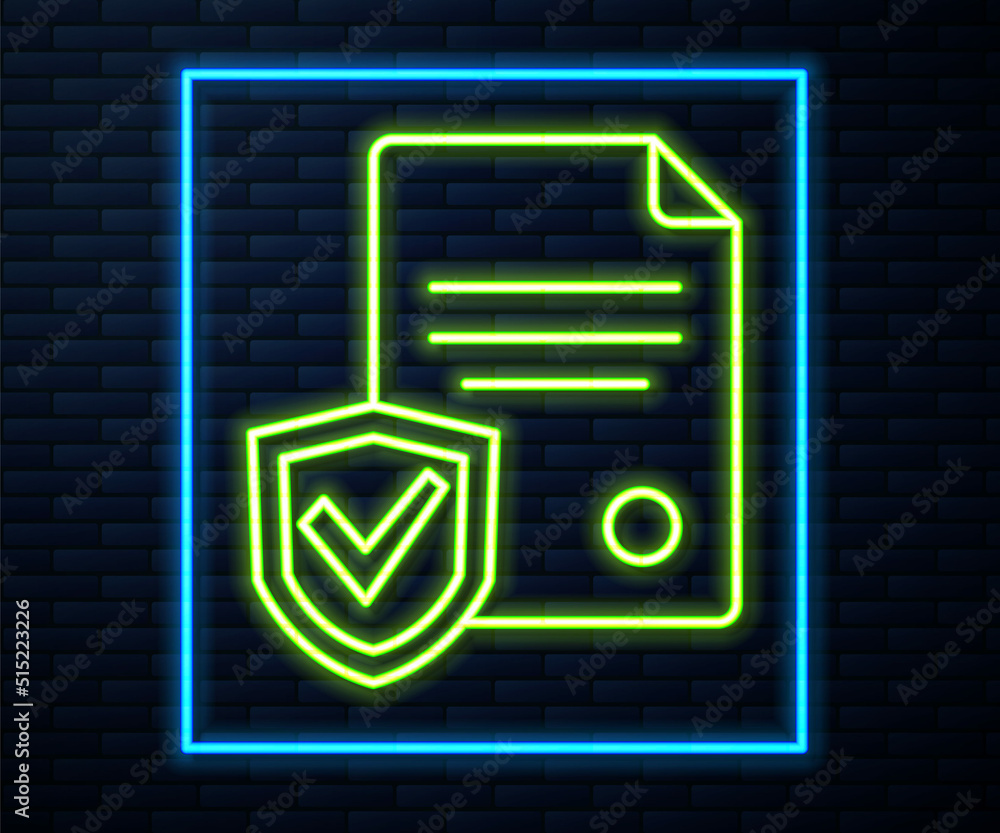 Glowing neon line Contract with shield icon isolated on brick wall background. Insurance concept. Security, safety, protection, protect concept. Vector Glowing neon line Contract with shield icon isolated on brick wall background. Insurance concept. Security, safety, protection, protect concept. Vector