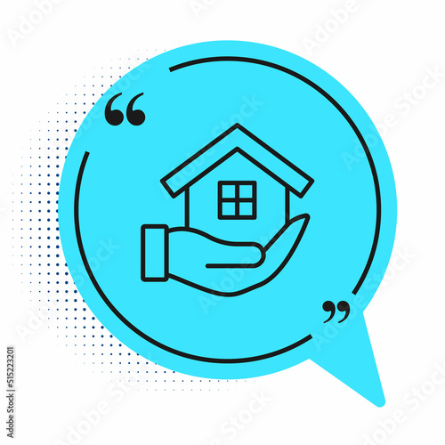 Black line House in hand icon isolated on white background. Insurance concept. Security, safety, protection, protect concept. Blue speech bubble symbol. Vector © Kostiantyn
