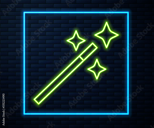 Glowing neon line Photo retouching icon isolated on brick wall background. Photographer, photography, retouch icon. Vector