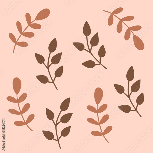 Botanical set of vector wall drawings. Floral and leafy pattern with abstract shape Vector illustration.Brown Beige white coffee leaves