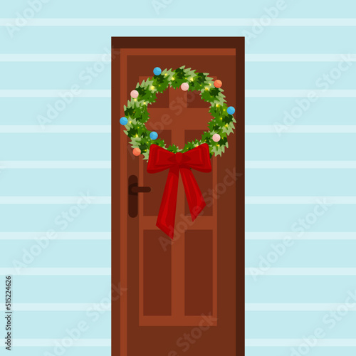 Winter decor on the front door. A beautiful winter wreath is hanging on the front door. Vector illustration.