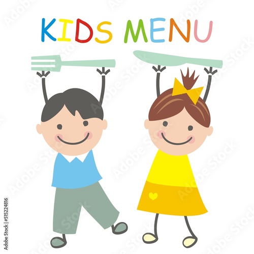 Kids menu, girl and boy with fork and knife, text, vector illustration