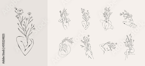 Concept art of blossom beauty. Elegant linear woman with floral branch and wildflowers. Minimalistic female figure and face. Vector art of femininity and beauty for logo or wall art. Botanical