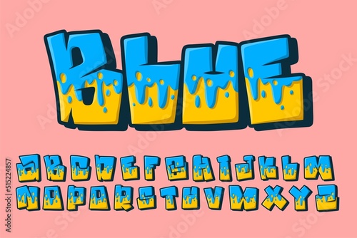 Alphabet Melt Graffiti blue yellow Cartoon Vector