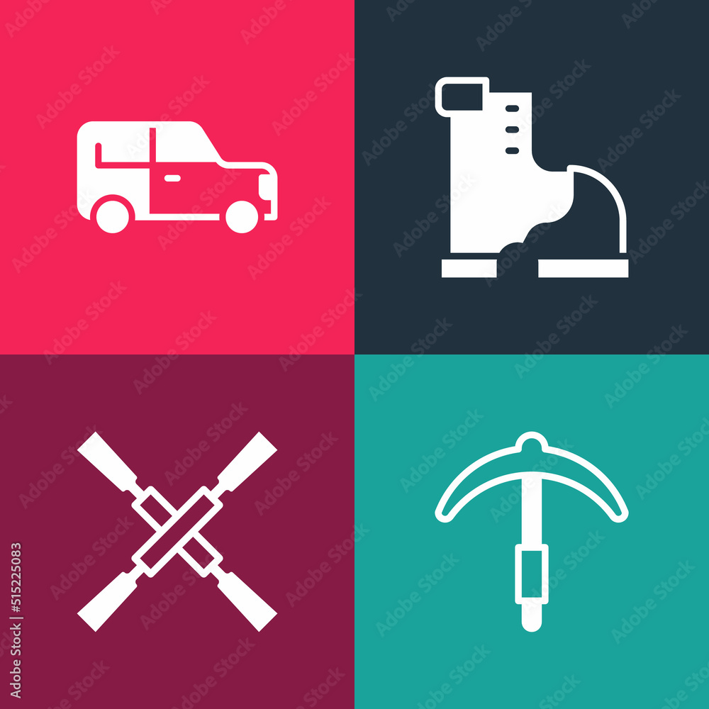 Set pop art Pickaxe, Oars or paddles boat, Winter warm boot and Car icon. Vector Set pop art Pickaxe, Oars or paddles boat, Winter warm boot and Car icon. Vector