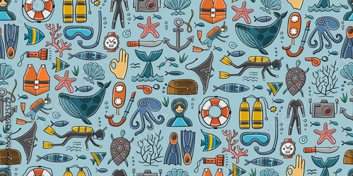 Scuba Diving, underwater activity. Summer vacation, marine life concept. Semless pattern background for your design