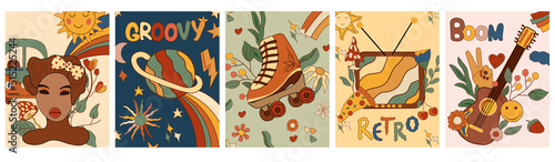 70s groovy posters with planets and star, roller skate, retro girl, flowers, old guitar and other. Psychedelic poster in vintage style. Abstract digital poster. Vector illustration