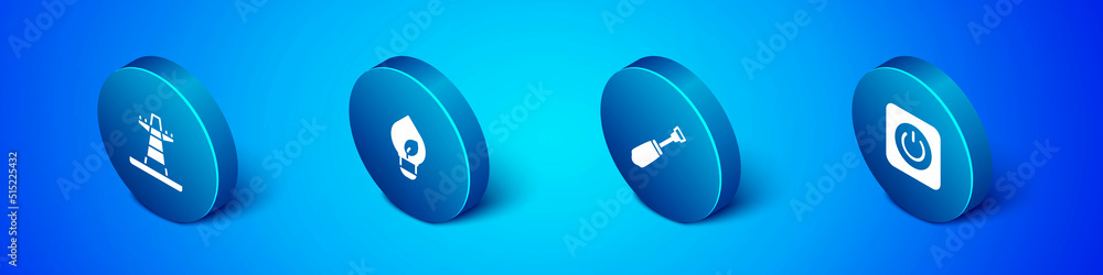 Set Isometric Electric tower line, Screwdriver, Power button and Light bulb with leaf icon. Vector Set Isometric Electric tower line, Screwdriver, Power button and Light bulb with leaf icon. Vector
