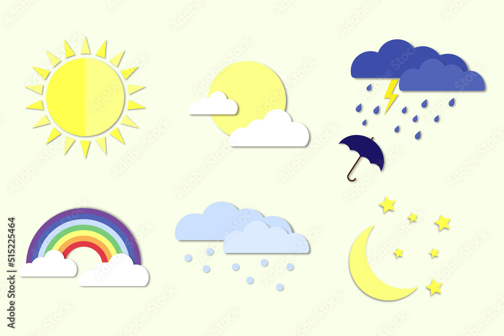 weather icons. Paper cut weather icons set on yellow background.