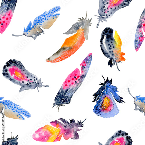 Watercolor birds feathers pattern. Seamless pattern on white background