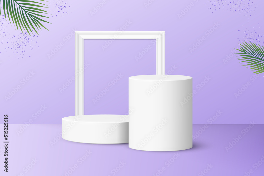 Two podiums with frame for product display isolated on pastel purple background Two podiums with frame for product display isolated on pastel purple background