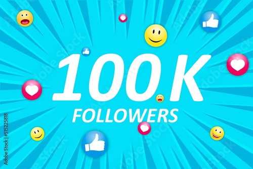 Thank you 100K subscribers. Bright banner
with the congratulations of thousands of followers.
 Like and smiley icons on a blue background with rays in a circle.
The concept of congratulations in socia