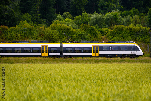 Train passing in Neckar valley near Tübingen Germany on a summer day. Railroad to Stuttgart amidst green wheat fields and forests. Landscape panorama with white and yellow multiple unit