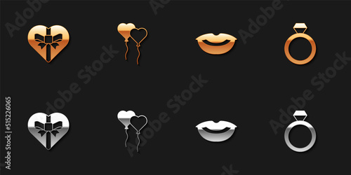 Set Candy in heart shaped box, Balloons form of, Smiling lips and Wedding rings icon. Vector