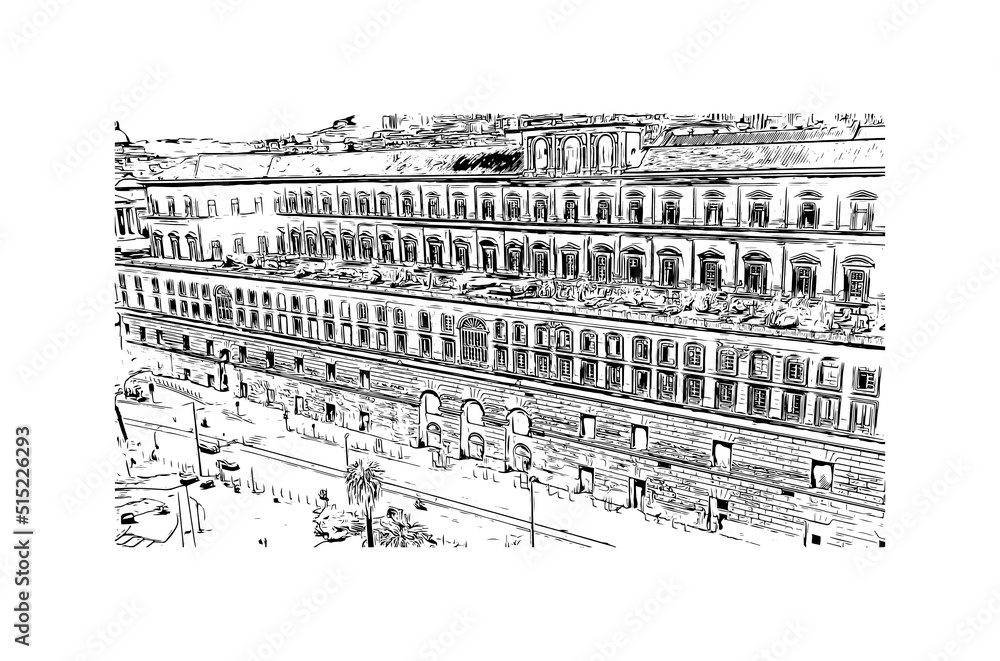 Building view with landmark of Naples is the 
city in Italy. Hand drawn sketch illustration in vector.