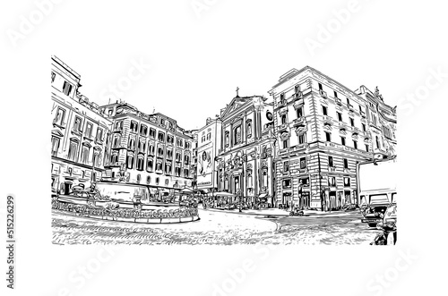 Building view with landmark of Naples is the city in Italy. Hand drawn sketch illustration in vector.
