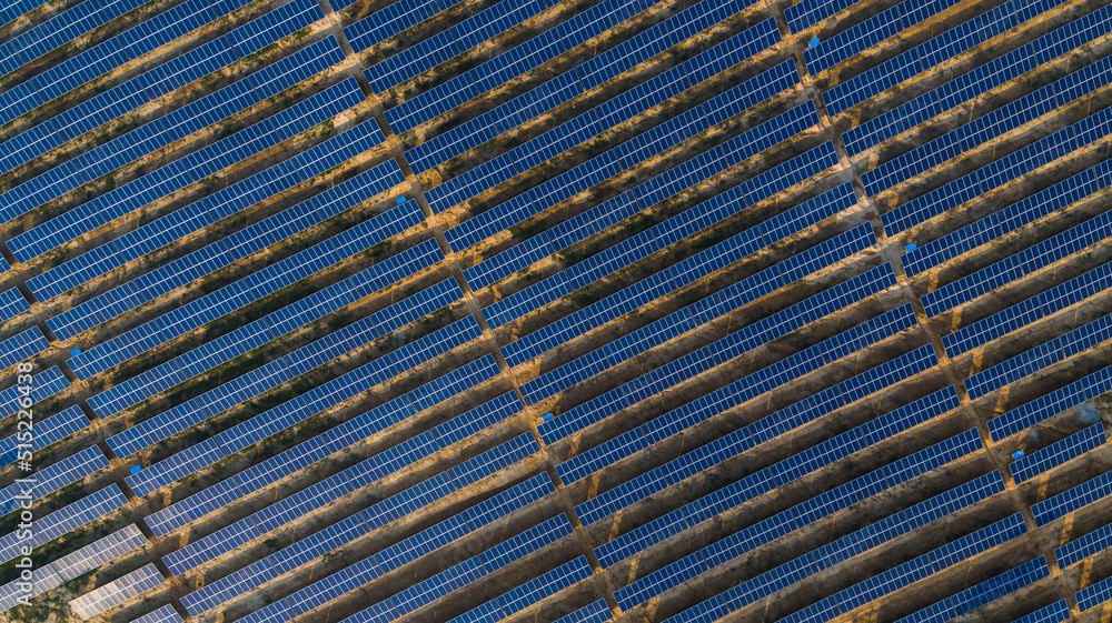 Aerial view of Solar Panel field in Bhojawala, Nagina, Uttar Pradesh, India.