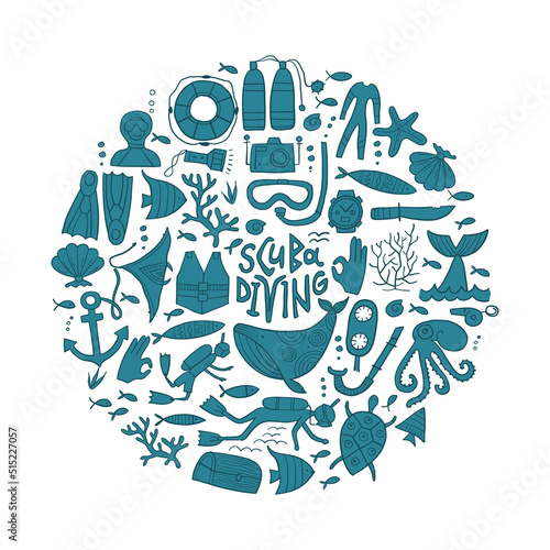 Scuba Diving icons set. Underwater activity design elements. Summer vacation concept, marine icons. Diving equipment, hand drawing style