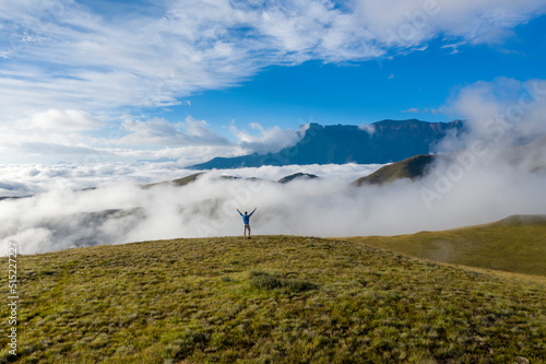 Aerial View of mountains in the clouds in, Maluti A Phofung NU, Free, South Africa. photo