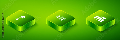 Set Isometric Camera photo lens, Cinema camera and Studio light bulb softbox icon. Vector