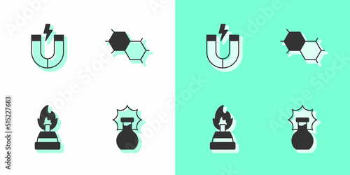 Set Explosion in the flask, Magnet, Alcohol or spirit burner and Chemical formula icon. Vector