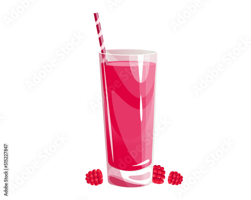 Raspberry juice in a tall glass.Summer refreshing drink with raspberries.Vector illustration.