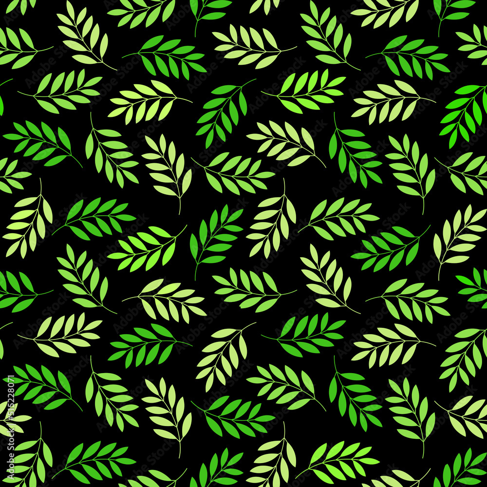 Seamless Tossed Leaf Fronds in Shades of Green on Black Background Seamless Tossed Leaf Fronds in Shades of Green on Black Background