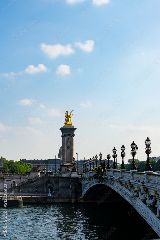 View of the Alexander III Bridge and the golden statues