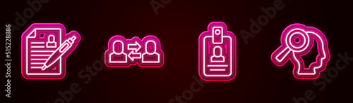 Set line Resume, Exchange work, Identification badge and Magnifying glass for search job. Glowing neon icon. Vector