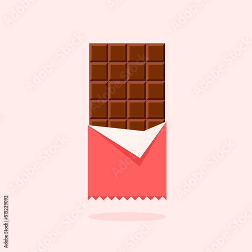 Chocolate bar in opened red wrapped and foil. Dessert template. Vector illustration in trendy flat style isolated.