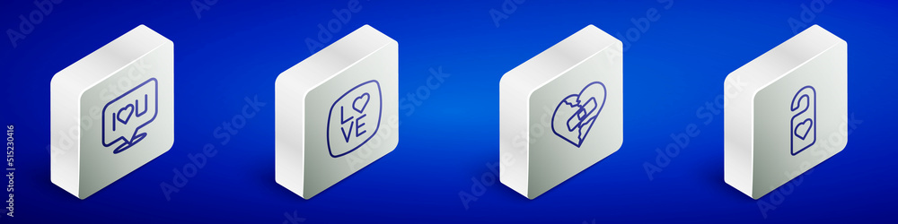 Set Isometric line Speech bubble text I love you, Love, Healed broken heart or divorce and Please do not disturb with icon. Vector Set Isometric line Speech bubble text I love you, Love, Healed broken heart or divorce and Please do not disturb with icon. Vector