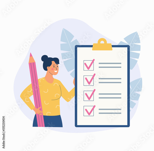 Woman with pencil standing around check list. All task check concept. Vector flat style illustration