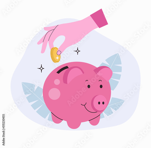Woman hand investing a coin into a piggy bank. Saving and investing money concept. Vector flat style illustration