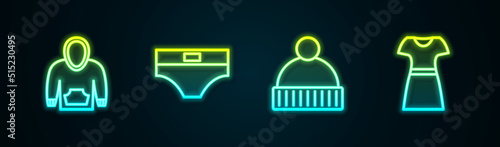Set line Hoodie, Men underpants, Beanie hat and Woman dress. Glowing neon icon. Vector