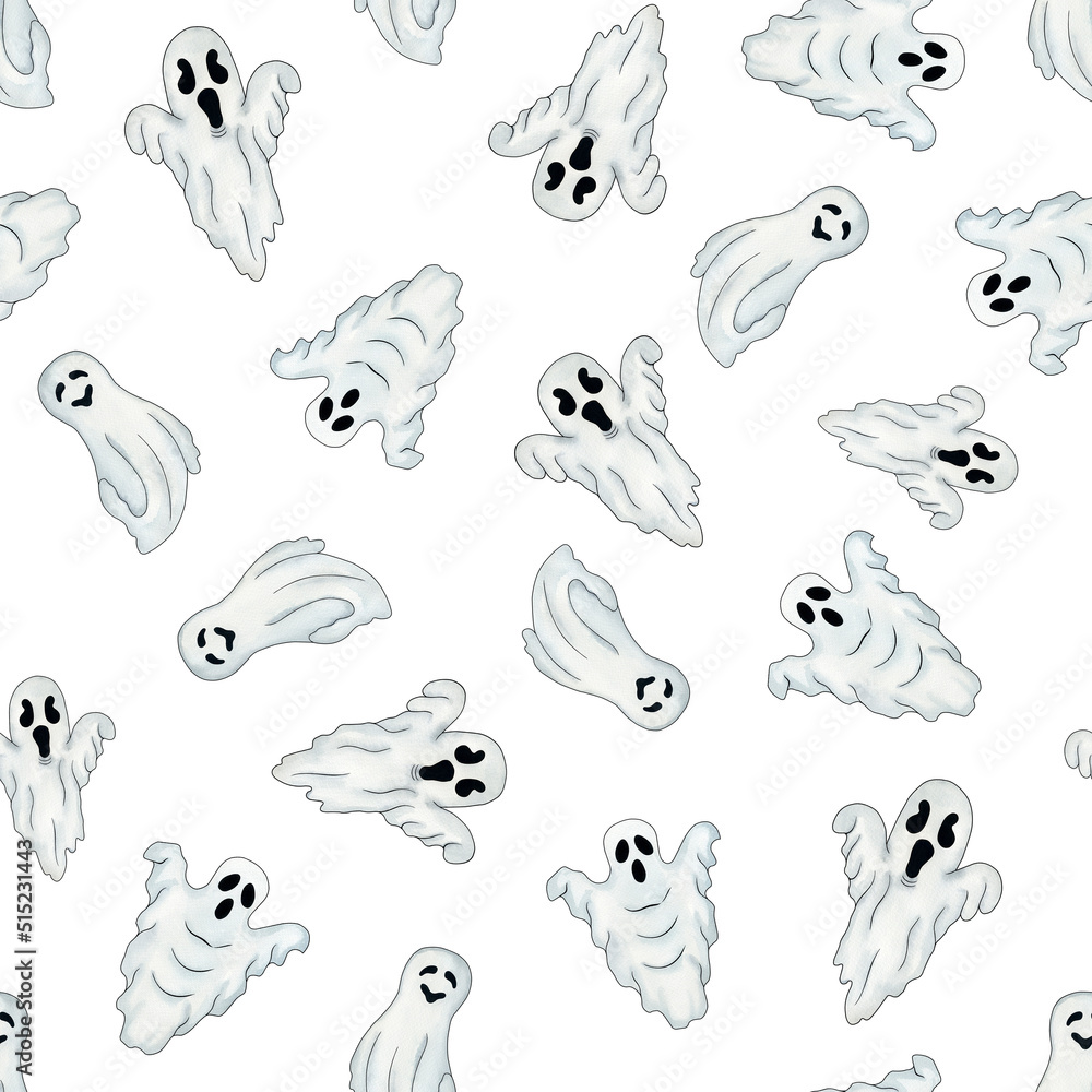 Seamless watercolor Halloween pattern with ghosts Seamless watercolor Halloween pattern with ghosts