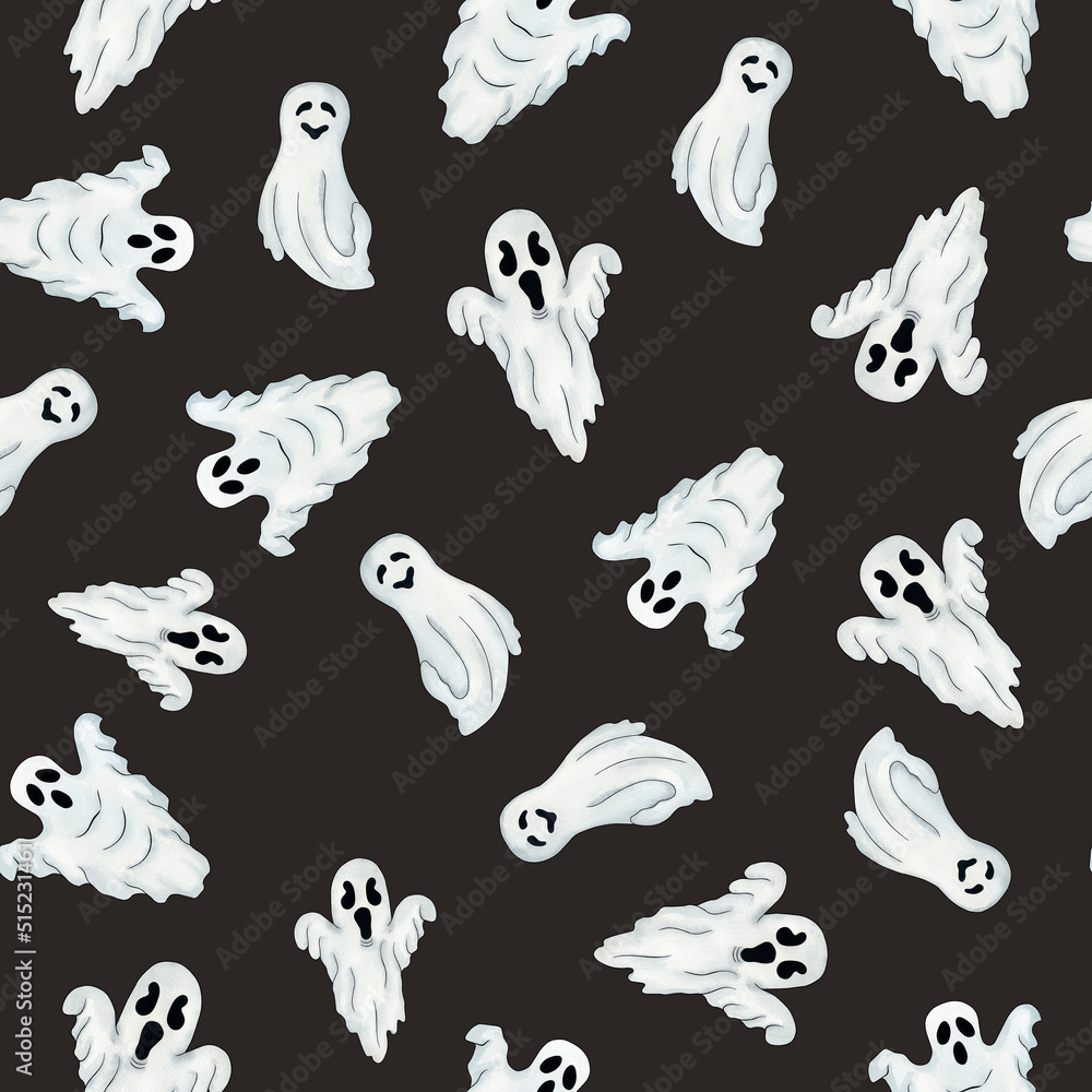 Seamless watercolor Halloween pattern with ghosts Seamless watercolor Halloween pattern with ghosts