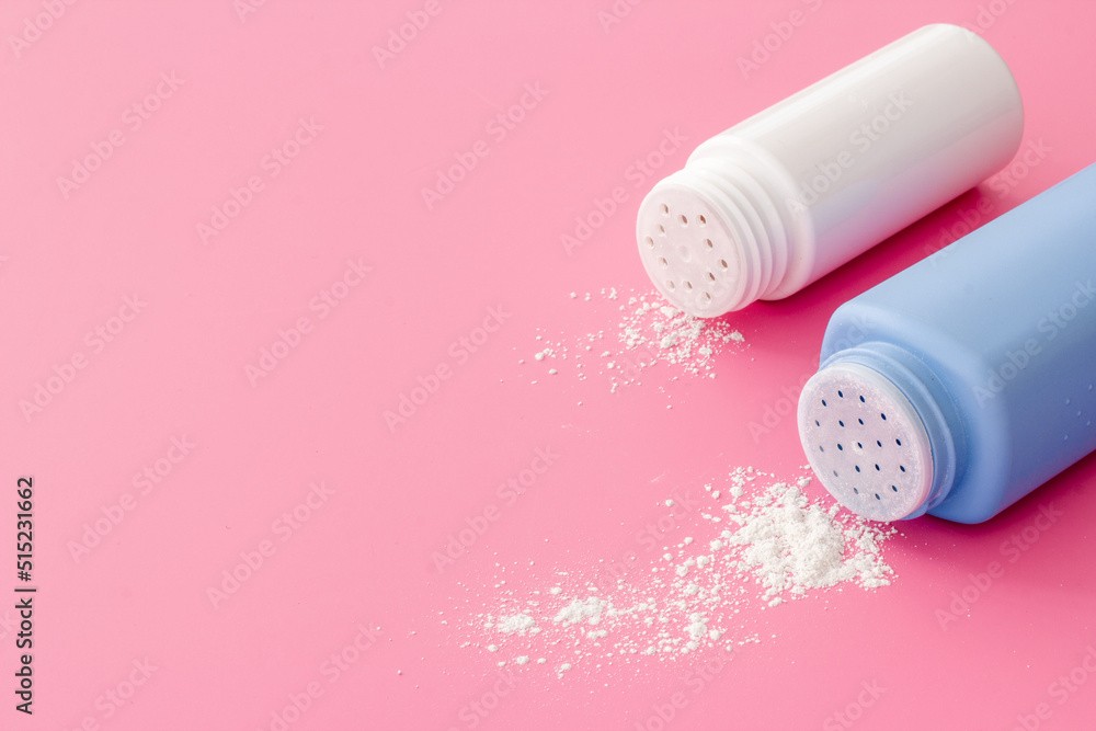 Spilled white talcum powder in container. Skin care cosmetic Spilled white talcum powder in container. Skin care cosmetic
