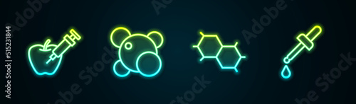 Set line Genetically modified apple, Molecule, Chemical formula and Pipette. Glowing neon icon. Vector