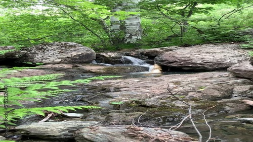 Mountain river - a small waterfall on a river with crystal clear water that flows among gray stones in a green forest on a cloudy summer day. Close up of a rock next to a body of water