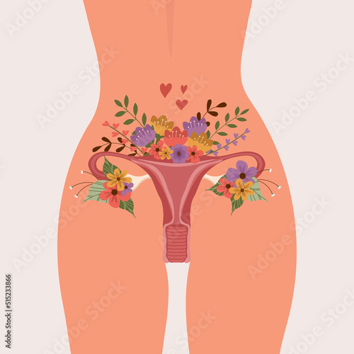 Reproductive illustration of a woman's body, pelvis, uterus and flowers. Vector illustration.