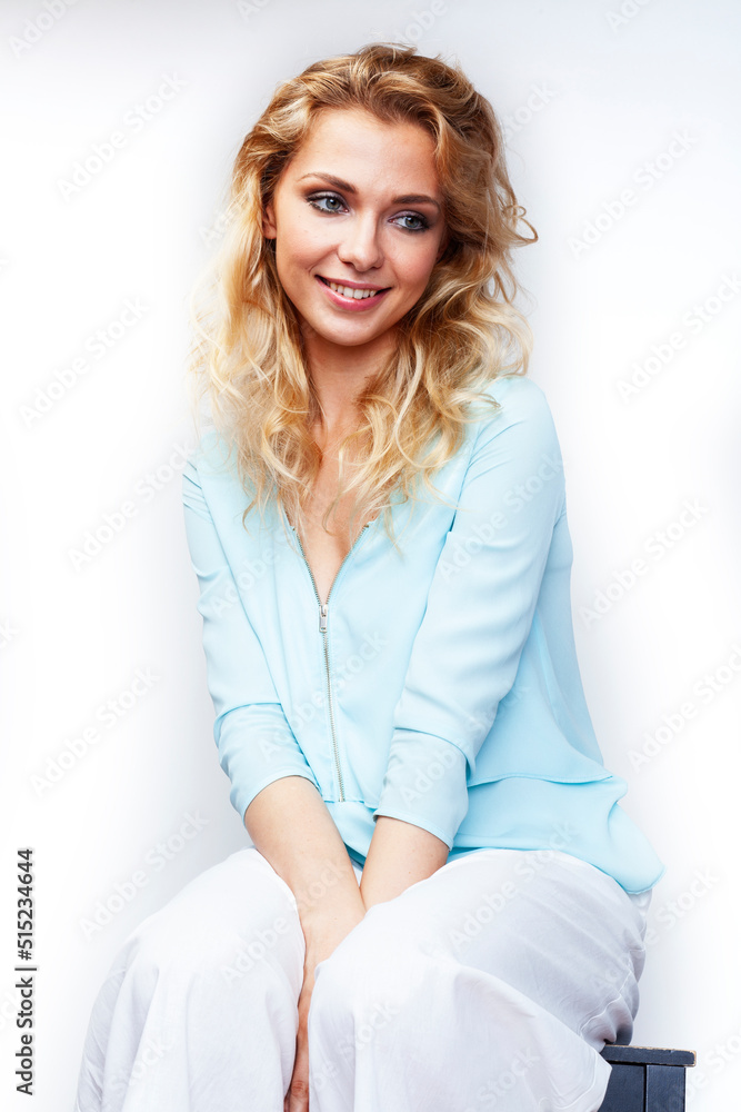 young pretty stylish blond girl posing emotional isolated on white background happy smiling cool smile, lifestyle people concept young pretty stylish blond girl posing emotional isolated on white background happy smiling cool smile, lifestyle people concept