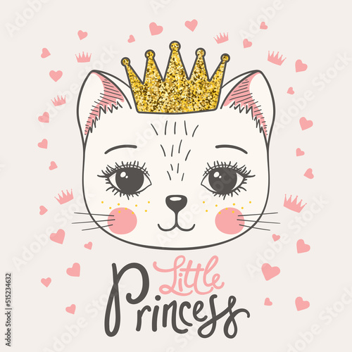 Cat girl face with glittering crown, Little Princess slogan text for t-shirt graphics, fashion prints and other uses