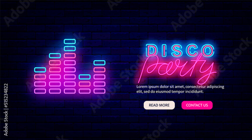 Dj party neon promotion template. Website landing page. Music equalizer. Sound waves. Vector stock illustration