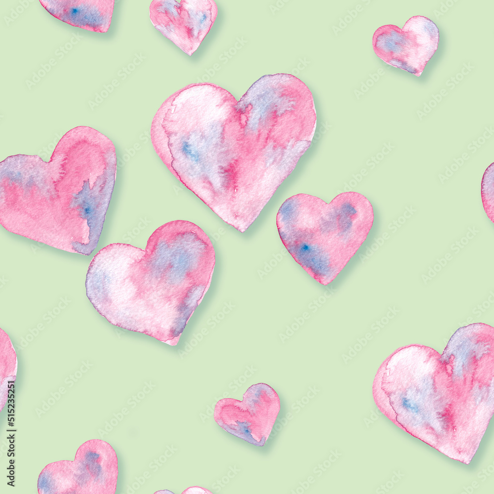 Pink with blue hearts watercolor painting - seamless pattern on olive green background Pink with blue hearts watercolor painting - seamless pattern on olive green background