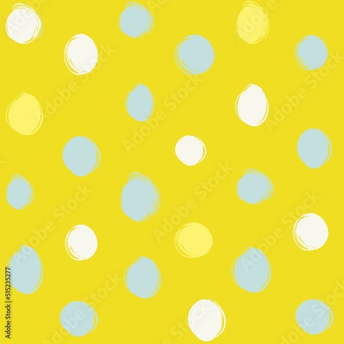 Seamless pattern from yellow, green and white ovals and circles abstract textured brush strokes on a yellow background