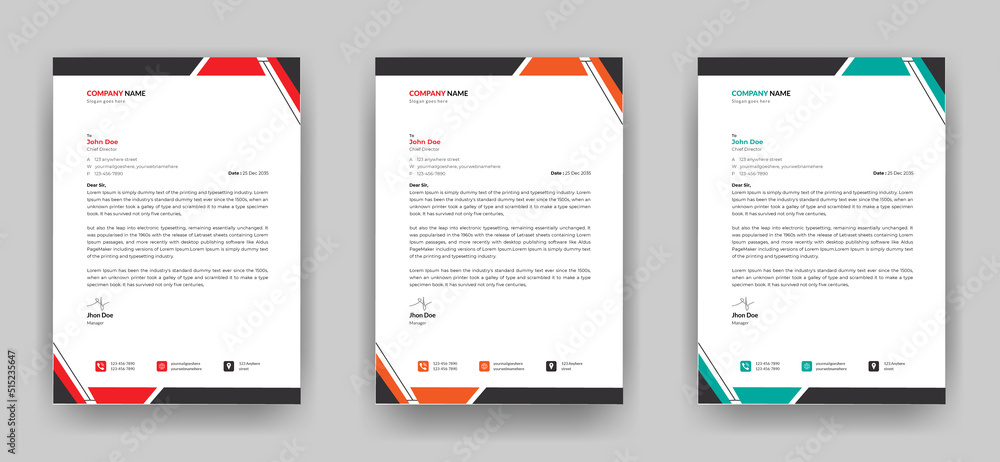 Professional creative letterhead template design for your business with three color variations Professional creative letterhead template design for your business with three color variations