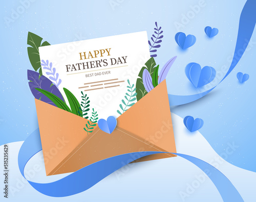 Blue envelope filled with various flowers with text Happy Fathers Day. Flat lay. Love concept.